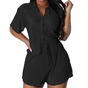 Black Pleated Button-Up short set